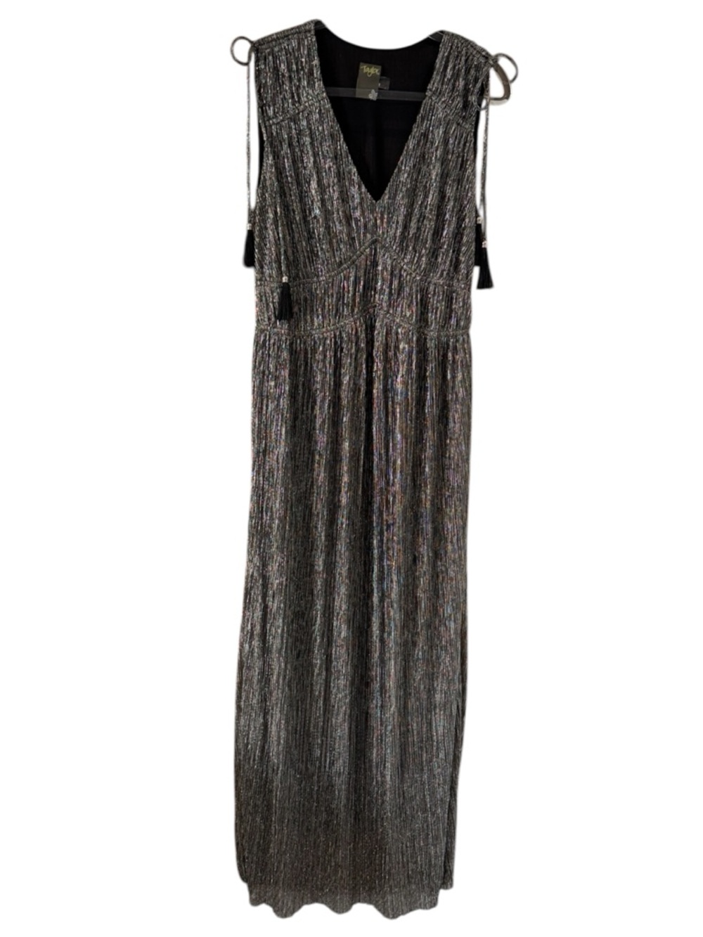 🩶🪩🖤 Taylor Metallic Silver Plissé Maxi Dress with Tassel Shoulder Ties 🖤🪩🩶